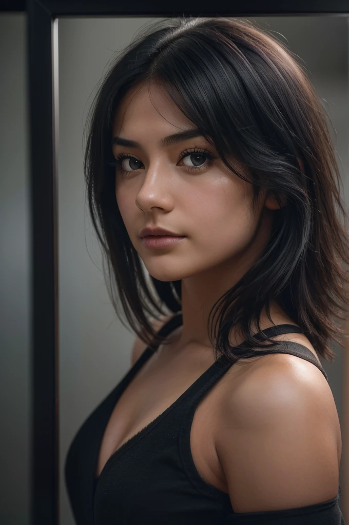 1girl in, age19, Solo, medium hair, Colossal , Looking at Viewer, black hair,sexy face, black eyes, Realistic, depth oF Field, F/1. 8, 85mm, Medium shot, mid shot, (((proFessionally color graded))), bright soft diFFused light, (volumetric Fog), trending on Instagram, hdr 4k, 8k