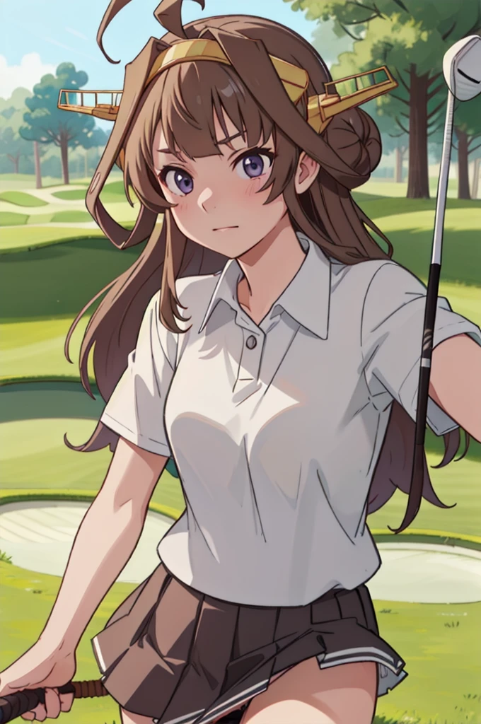 KanColle Kongou, black, Ahoge, Brown Hair, Double Bang, Hair Bun, Hair Bunド, headgear, Long Hair, (Purple eyes:1.1), 
(Golf Wear), (Pleated skirt), Golf Swing, (Panty shot),Nice shot ruined looking at viewer, 
Destroy outdoors,Breaking a golf club (masterpiece:1.2), Highest quality, High resolution, unity 8k wallpaper, (figure:0.8), (Beautiful attention to detail:1.6), Highly detailed face, Perfect lighting, Highly detailed CG, (Perfect hands, Perfect Anatomy),