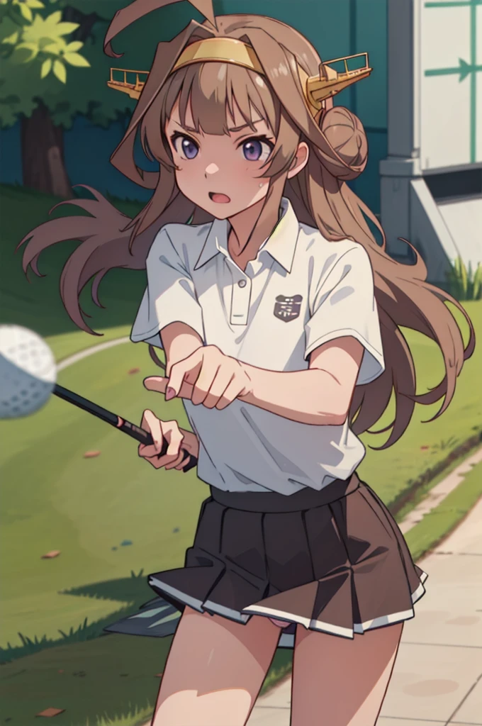 KanColle Kongou, black, Ahoge, Brown Hair, Double Bang, Hair Bun, Hair Bunド, headgear, Long Hair, (Purple eyes:1.1), 
(Golf Wear), (Pleated skirt), Golf Swing, (Panty shot),Nice shot ruined looking at viewer, 
Destroy outdoors,Breaking a golf club (masterpiece:1.2), Highest quality, High resolution, unity 8k wallpaper, (figure:0.8), (Beautiful attention to detail:1.6), Highly detailed face, Perfect lighting, Highly detailed CG, (Perfect hands, Perfect Anatomy),