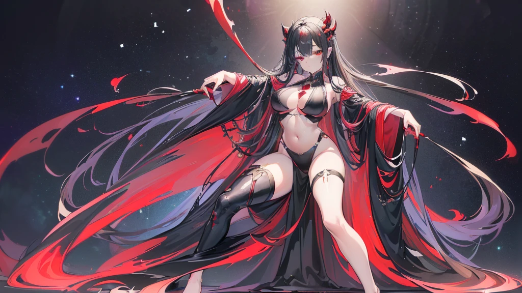 (Exquisite eyes),(Clear and beautiful eyes:1.61),masterpiece, 1 young girl,(Black clothes and some red gems), Black long hair, (She has a huge red gem on her chest), Good Hand,((The Havoc of StarCraft)),full-body shot,Fighting Stance,(Red Eyes:1.466)，short and small,(Very big breasts:1.35),(Pretty Face),(full-body shot:1.33),Beautiful hands