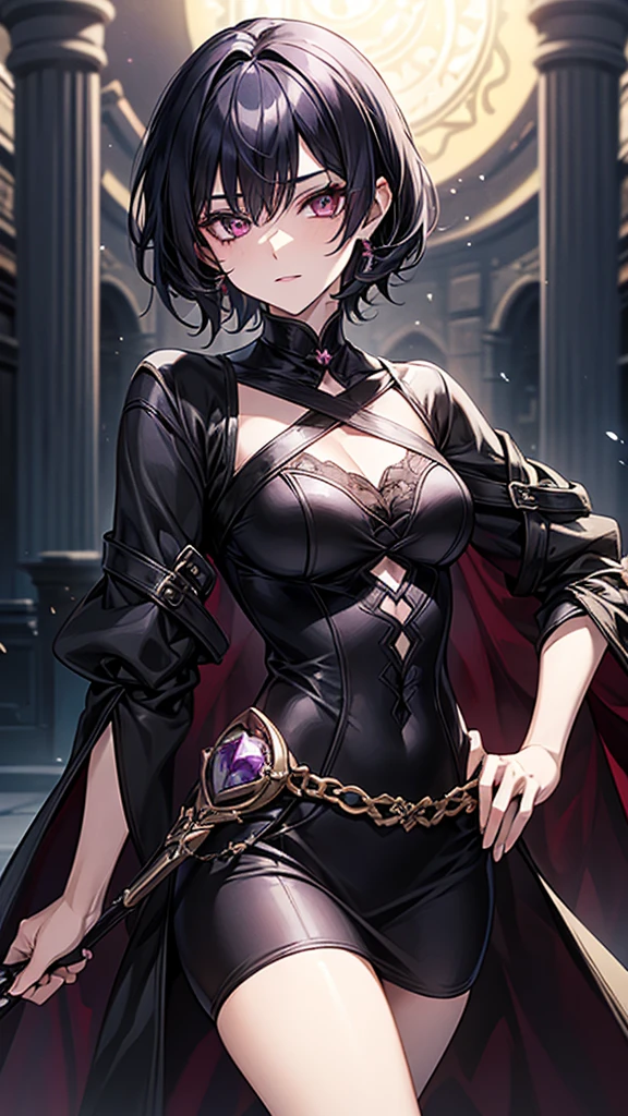 (Mozara Nightshade(Mysterious Adventurer)
age: not clear(Looks like she's in her late 20s)
Appearance: Short black hair、Always wear black、Scar on left eye