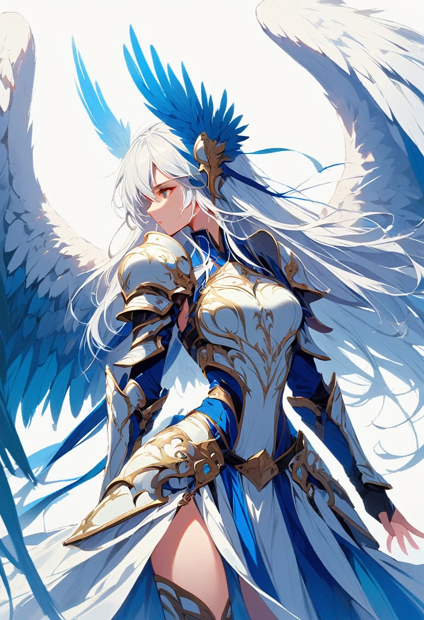 1girl angel angel_wings armor feathers_Long wing feathers_Hair Shoulder Armor Shoulder_Armor single piece_Upper wing separation_The body is white_Theme blue_Wings Wings
