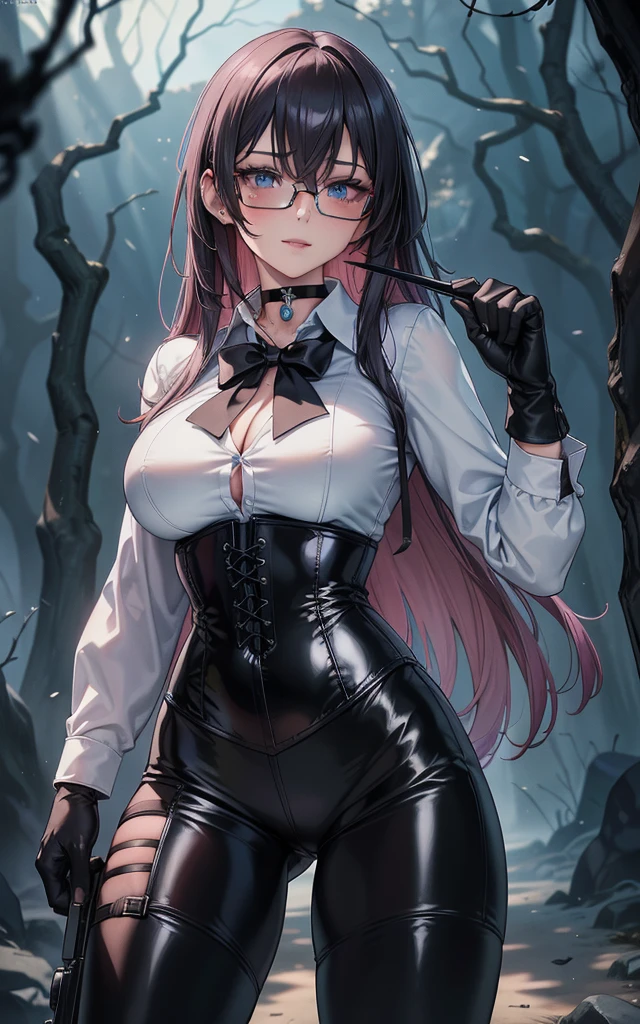 Masterpiece, Beautiful art, professional artist, 8k, art style by sciamano240, Very detailed face, Detailed clothing, detailed fabric, 1 girl, perfectly drawn body, fighting pose, beautiful face, long hair, blue eyes, very detailed eyes, pink cheeks, shy expression, glasses, choker:1.6, (long sleeve white collar buttoned shirt), black gloves, gloves covering hands, (holding an AK-47), (black leather corset), (shiny black leggings), sensual lips ,  evening de invierno, show details in the eyes, view from front, looking at the viewer, dark path, dark forest, evening, Atmosphere, fog