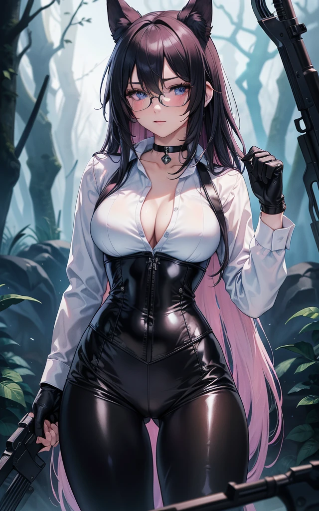 Masterpiece, Beautiful art, professional artist, 8k, art style by sciamano240, Very detailed face, Detailed clothing, detailed fabric, 1 girl, perfectly drawn body, fighting pose, beautiful face, long hair, blue eyes, very detailed eyes, pink cheeks, shy expression, glasses, choker:1.6, (long sleeve white collar buttoned shirt), black gloves, gloves covering hands, (holding an AK-47), (black leather corset), (shiny black leggings), sensual lips ,  evening de invierno, show details in the eyes, view from front, looking at the viewer, dark path, dark forest, evening, Atmosphere, fog