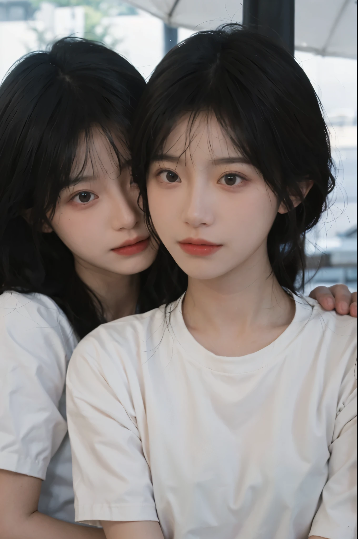 best quality, Ultra-high resolution, White background,16K,simplesmente fofo,(Realistically:1.4), 2 girls, White short sleeve,twin,Triplets,Rose Rain,A pair of eyes as clear as snow,Royal sisters,looking at the audience, close up ,