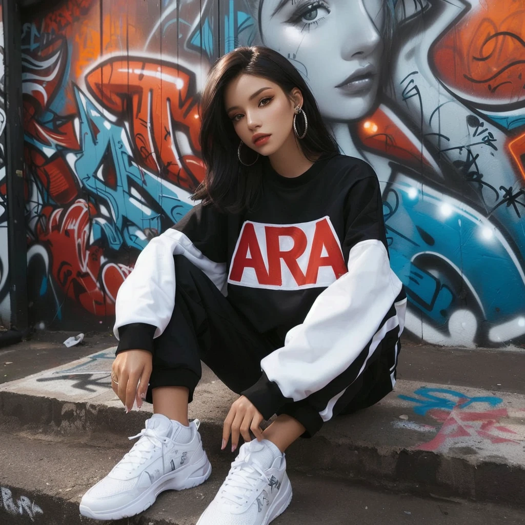 arafed woman sitting in front of a graffiti wall, graffiti in the background, she is wearing "ARA" streetwear, hip hop style, woman in streetwear, graffiti in background, hiphop urban inspired, airbrush style, promo shoot, female streetwear blogger, photo from a promo shoot, graffiti inspired, casual pose, alanis guillen, style of julia razumova