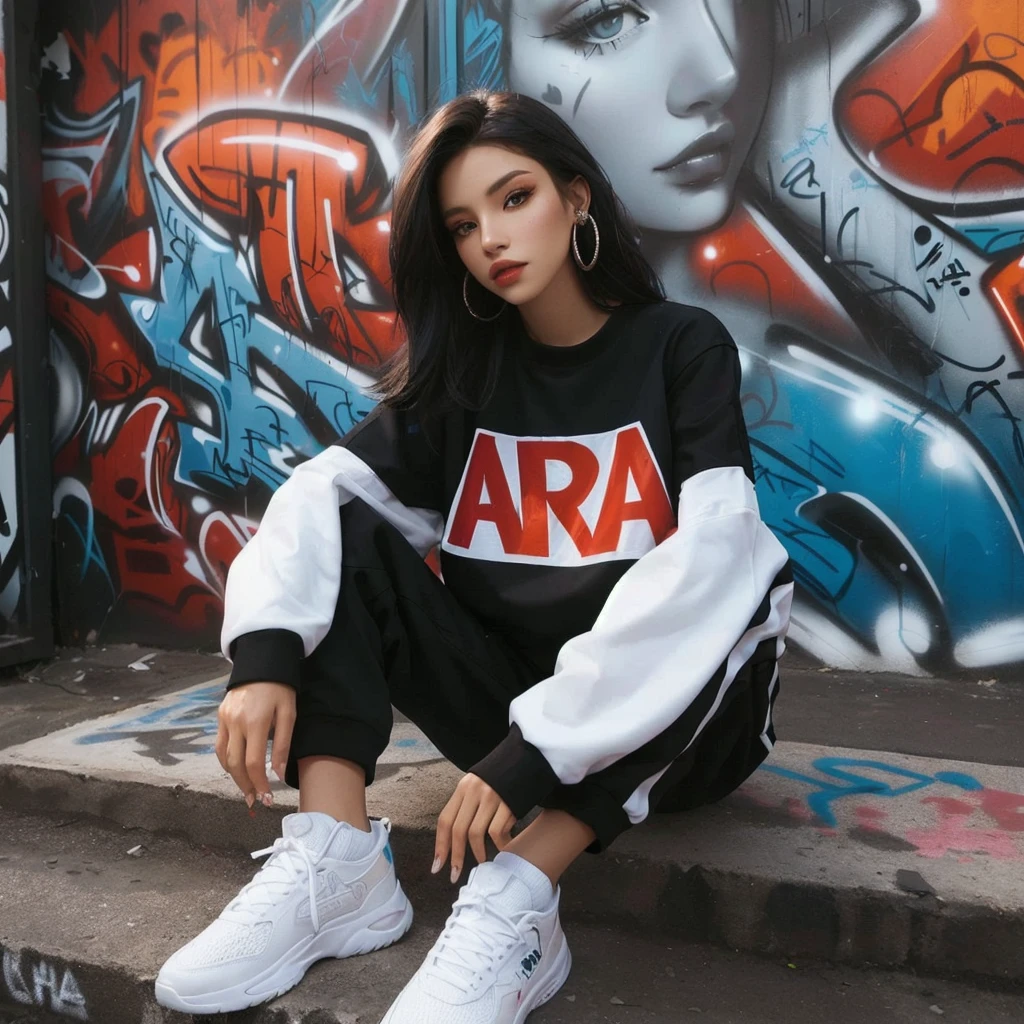 arafed woman sitting in front of a graffiti wall, graffiti in the background, she is wearing "ARA" streetwear, hip hop style, woman in streetwear, graffiti in background, hiphop urban inspired, airbrush style, promo shoot, female streetwear blogger, photo from a promo shoot, graffiti inspired, casual pose, alanis guillen, style of julia razumova