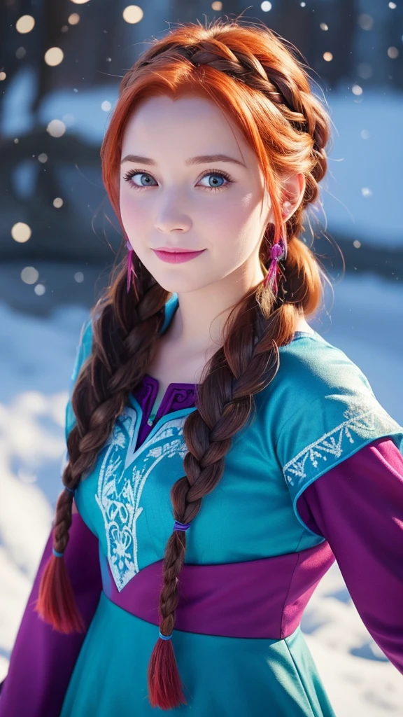 Sure, here's a prompt in English for generating an image of Anna from the Disney movie "Frozen":

"Create an image of Anna from Disney's Frozen. She should have her signature red hair styled in two braids, wear a blue and magenta dress, and be set against a snowy backdrop."

Would you like any specific details added to the prompt?