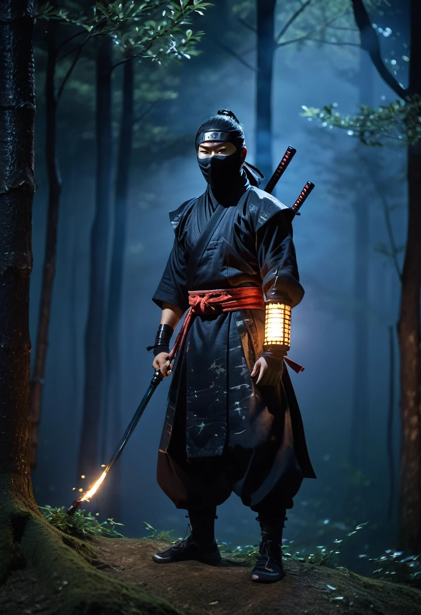 best quality, 8k, very delicate and beautiful, highly detailed face and skin texture, shiny skin, high resolution, japanese ninja stand at forest at night, with torch, full body, sharp focus