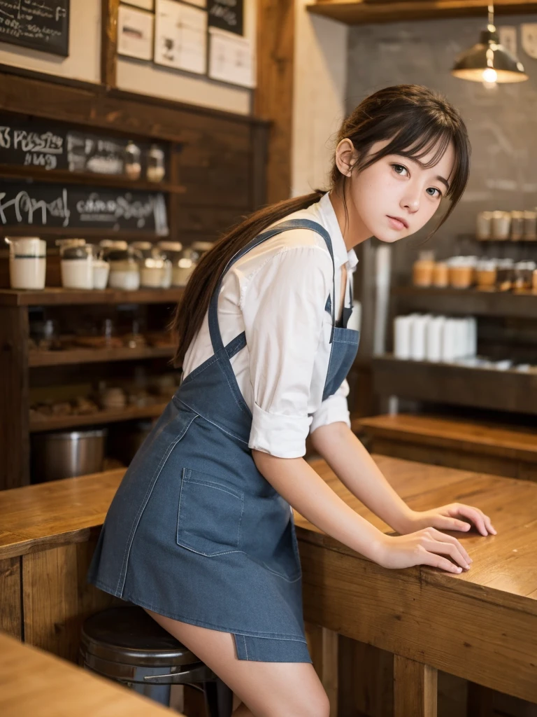 18-year-old girl working at a quiet cafe. Apron skirt. Troubled expression Low angle shooting