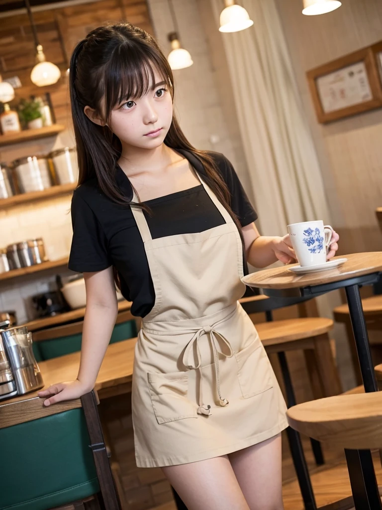 18-year-old girl working at a quiet cafe. Apron skirt. Troubled expression Low angle shooting