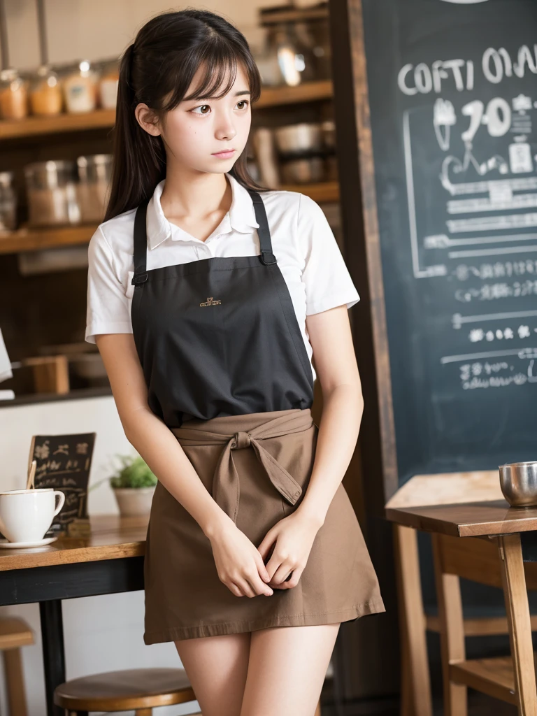18-year-old girl working at a quiet cafe. Apron skirt. Troubled expression Low angle shooting