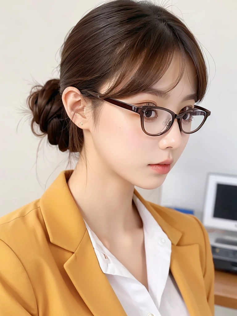 1girl, masterpiece, high_quality, office_uniform, glasses, brown_hair