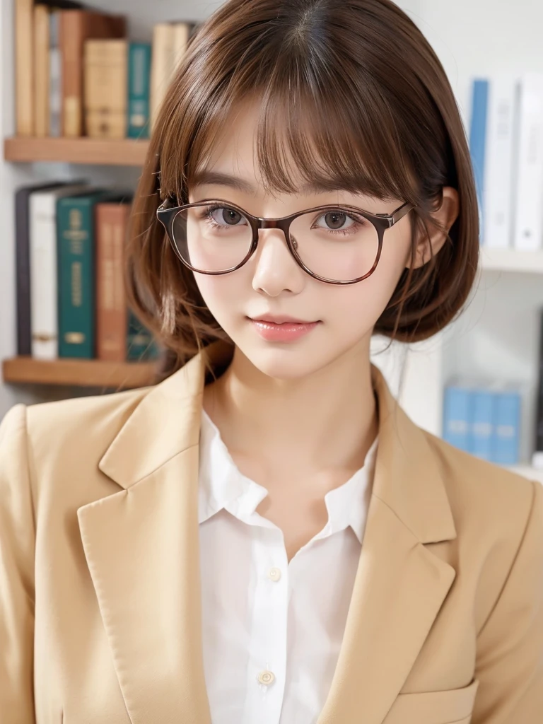 1girl, masterpiece, high_quality, office_uniform, glasses, brown_hair