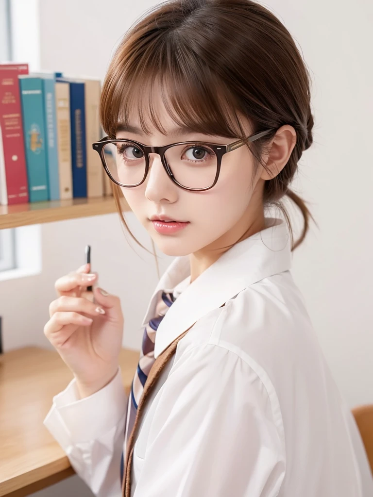 1girl, masterpiece, high_quality, office_uniform, glasses, brown_hair