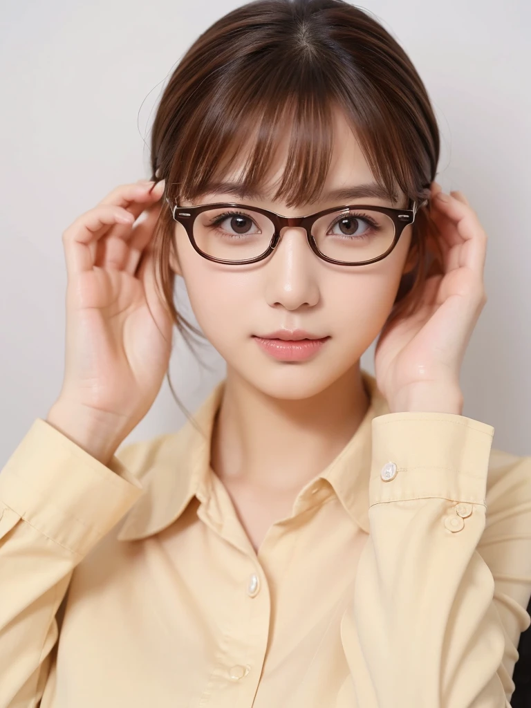 1girl, masterpiece, high_quality, office_uniform, glasses, brown_hair