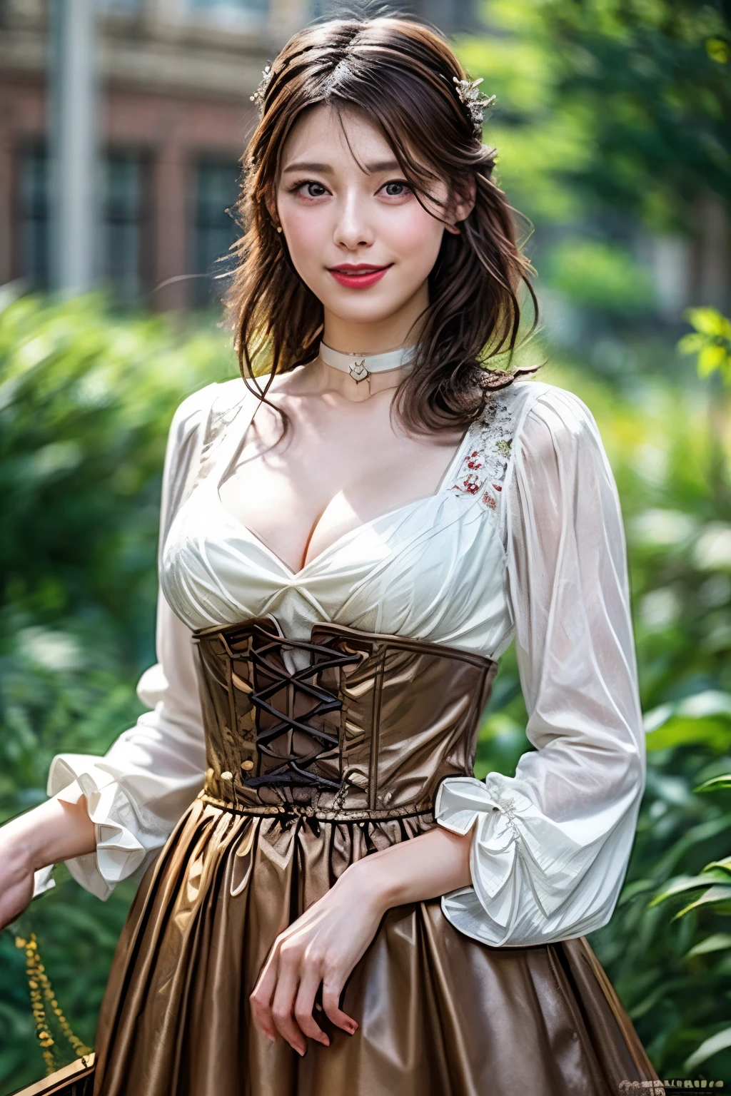 (nsfw:-2.0), (realistic, photo-realistic:1.4), (best quality,masterpiece:1.2), RAW photo, high resolution, intricate details, extremely detailed, realistic and sharp details, cinematic lighting, (portrait, frontal photography), solo, 1girl, (doll-like appearance), (steampunk-style cosplay), (large breasts, cleavage), dark hair, detailed face, detailed eyes, smile, (pastel color clothes), bell-shaped skirt, petticoats, sweetheart neckline, puffed sleeves, detailed lace, detailed embroidery, accessories and matching headpiece, choker, large sparkling jewelry, ankle strap pumps, photo background, outdoors, (city ruins, ruins, concrete), nature, overgrown,,,