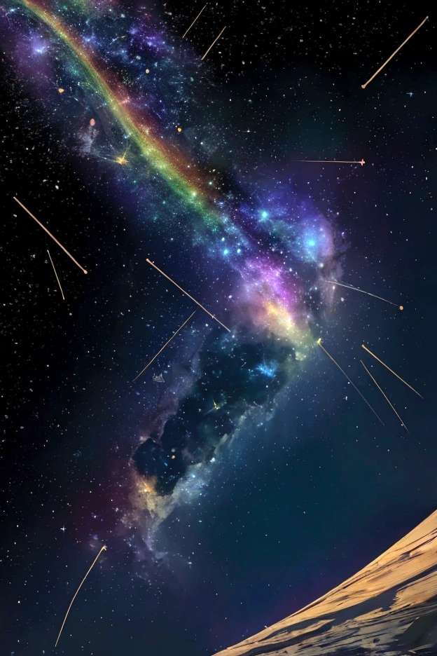 The world we see、Iridescent幻想的なNight Sky、constellation, Iridescentconstellation、Iridescent空包み込まれそうな瞬間，When the stars shine in rainbow colors、Astronomical observation、Planetarium、Meteors、colorful，美しいconstellation、Three-dimensional，wonderful景色，Night Sky，An atmosphere full of dreams and hope，masterpiece．16K, Ultra-high resolution, to be born,wonderful ,future、Iridescent、The world 30 years from now。