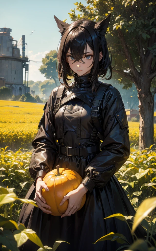 An android destroyed and used as a scarecrow in the middle of a cornfield scaring away the black crows.