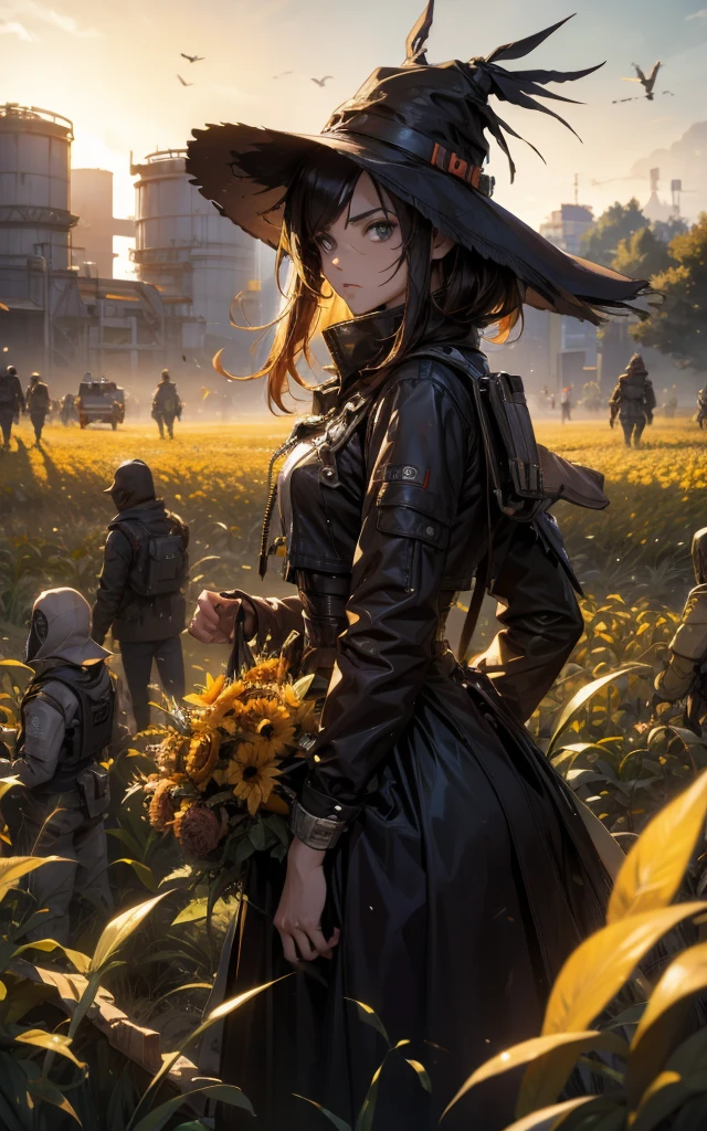 An android destroyed and used as a scarecrow in the middle of a cornfield scaring away the black crows.