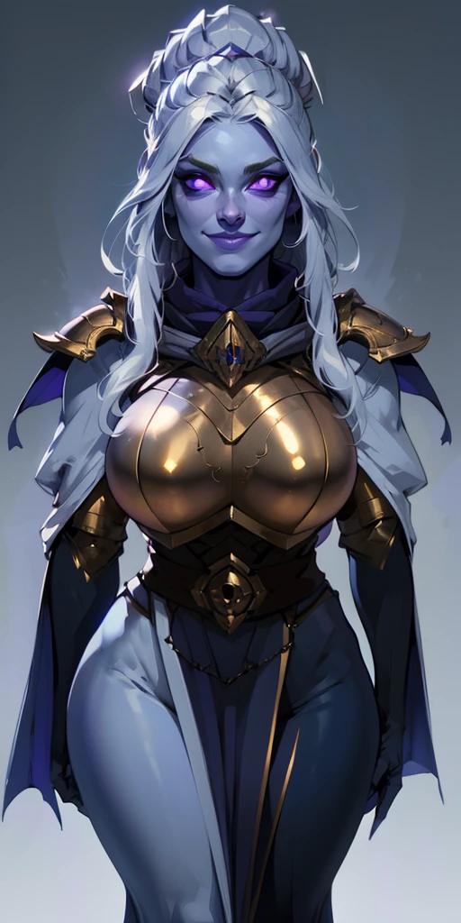 (Female chest covered) (smile) Gray skin pale golden hair and violet eyes. She prefers clothing of white and silver with cloaks of deep blue or purple, plain background, huge_knockers ((very precise detailed)) ((highres)