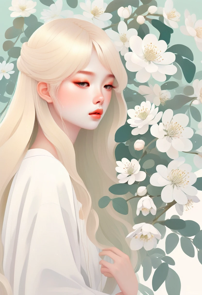 An illustration with soft tones and a dreamy feel。The characters in the picture are covered with a large number of small white flowers，Gives a hazy and mysterious visual effect。Soft space，Modern illustration elements。Tranquility、Pure atmosphere，Reminiscent of spring and new life。blond woman with white flowers covering her face and eyes, inspired by Hsiao-Ron Cheng, inspired by Yanjun Cheng, by Ayami Kojima, by Hsiao-Ron Cheng, by Yanjun Cheng, Guweiz, artwork in the style of Guweiz, by Eizan It&#39;s a gift, cake, james jean and wlop