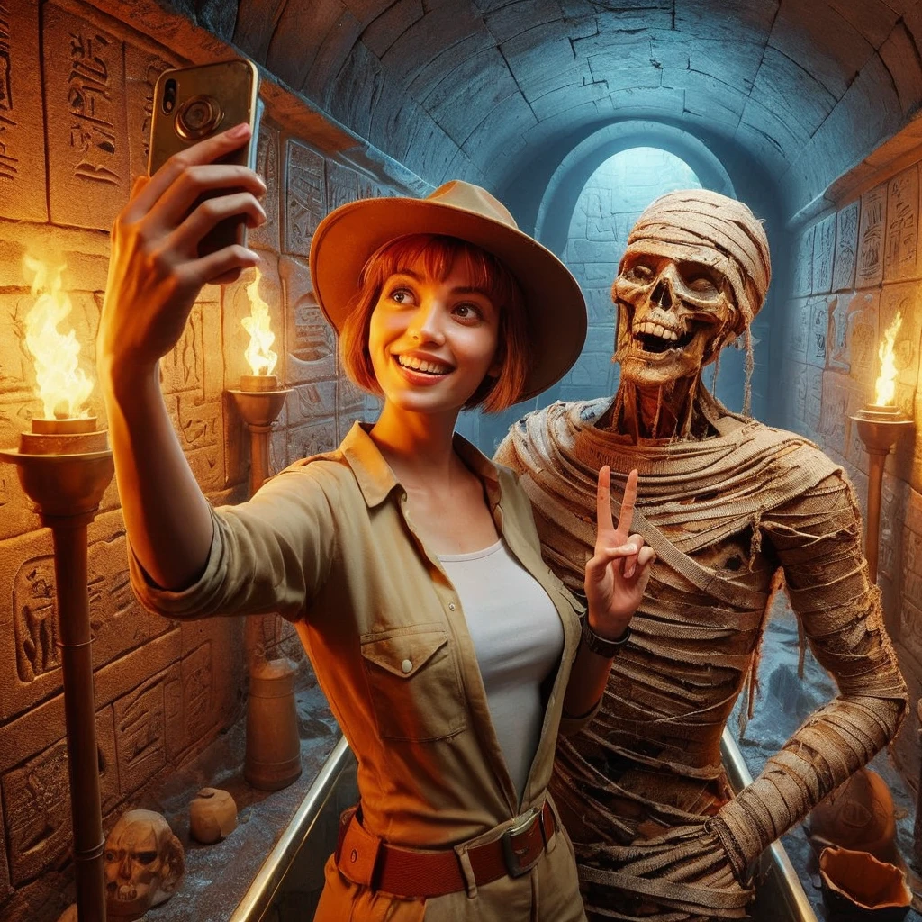 4D hyper realistic one caracter hotel transylvania scene inside an ancient Egyptian tomb, lit by flickering torches. An beautiful archaeologist in khakis, hat, and boots takes a selfie with a sarcophagus behind them. Next to the archaeologist is an ancient decrepit mummy, smiling with exposed teeth and making a peace sign with its bandaged hand. Detailed textures on walls, sarcophagus, and mummy wrappings.