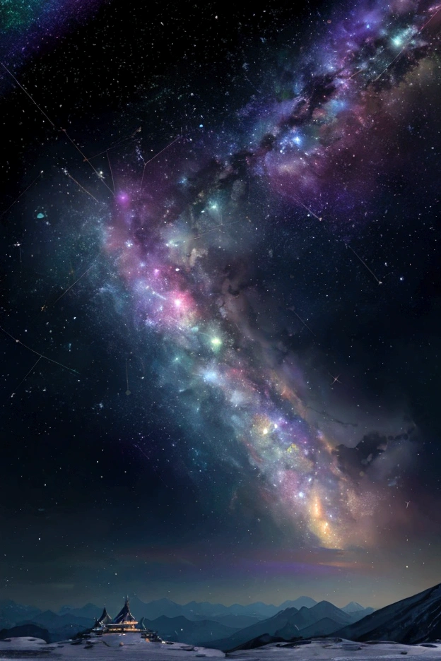 The world we see、Iridescent幻想的なNight Sky、constellation,Castle scenery、 Iridescentconstellation、Iridescent空包み込まれそうな瞬間，When the stars shine in rainbow colors、Astronomical observation、Planetarium、Meteors、colorful，美しいconstellation、Three-dimensional，wonderful景色，Night Sky，An atmosphere full of dreams and hope，masterpiece．16K, Ultra-high resolution, to be born,wonderful ,future、Iridescent、The world 30 years from now。