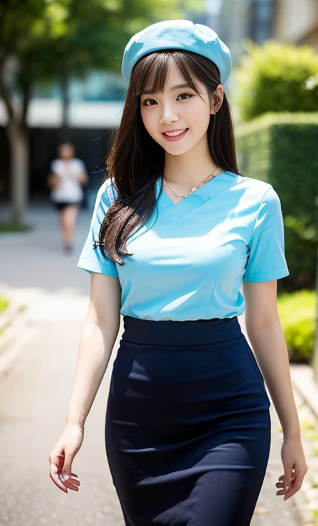 (A gorgeous American-Chinese advanced practice nurse, age 28, wearing formal office attire, short-sleeve white shirt with cyan beret, sky-blue pencil skirt, walking in serene ambience, friendly and kind expression, gentle smile, dimpled smile, cute snaggle-tooth, Korean_Bob_Haircut_Side_Bangs_Sophistication, symmetrical face, very beautiful detailed face, beautiful eyes, detailed eyes, ample round bosom, perfect body proportions, photorealistic, hyper-realism, high contrast, ultra HD, realistic skin textures, top image quality, top-quality, super high resolution, fine details, very meticulously, masterpiece, head to knees, the_cowboy_shot, calming atmosphere, bokeh night background) #MetaAI #CiciAi