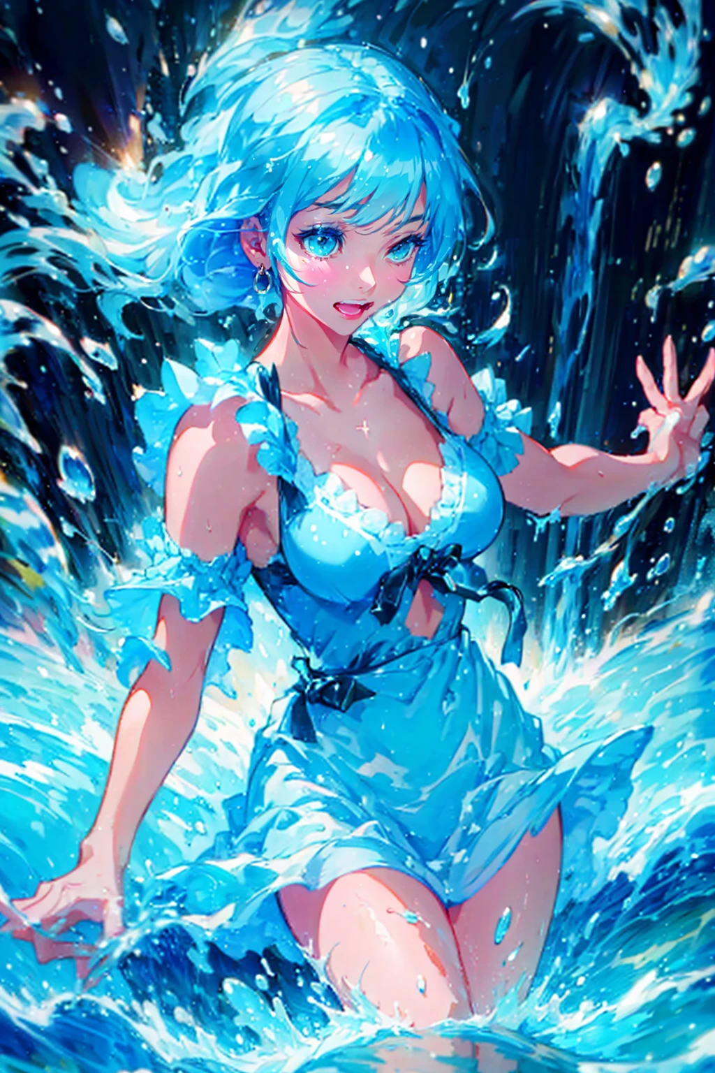 1girl,solo,cute,bigbreast,cleavage,dancing in the water,water splashing,flowing water,covered with water,water explosion,water splashes