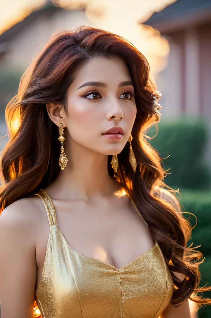 (Generate Woman Image), (Masterpiece artwork: 1.2), (details Intricate: 1.2), portraite, (Sensual expression: 1.2), (Apparent Age: age 28), (ethnic group: caucasiana), (eyecolor: cerulean), (Hair type: wavy red hair), (hair styles: Loose Hair with Soft Waves), (make-up: make-up noturna com destaques labiais), (vestimentas: Elegant Dress with Deep Neckline), (Accessories: long earrings), (scenecy: Elegant neighborhood), (Uplighting: Soft candlelight), (colors: Ruby and Golden Tones), (resolution: 4K), (artwork style: realisitic), (Focus on Posture and Expression), (neutral background), (compositing: Mid-Body Framing with Emphasis on Waist Curve), (atmosphere: sensuous), (No Hair Decoration).