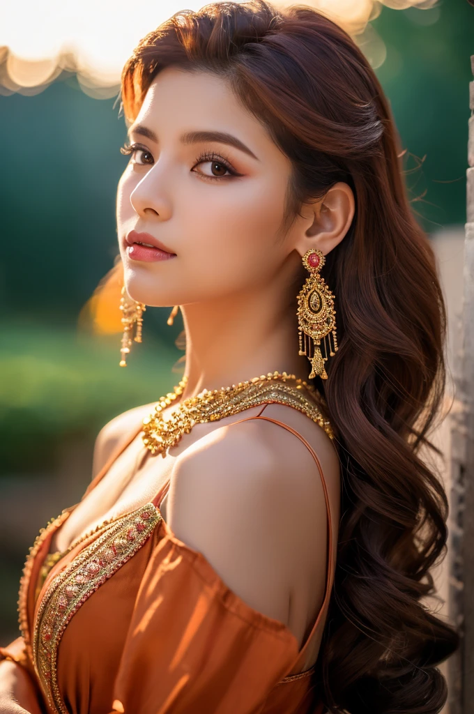 (Generate Woman Image), (Masterpiece artwork: 1.2), (details Intricate: 1.2), portraite, (Sensual expression: 1.2), (Apparent Age: age 28), (ethnic group: caucasiana), (eyecolor: cerulean), (Hair type: wavy red hair), (hair styles: Loose Hair with Soft Waves), (make-up: make-up noturna com destaques labiais), (vestimentas: Elegant Dress with Deep Neckline), (Accessories: long earrings), (scenecy: Elegant neighborhood), (Uplighting: Soft candlelight), (colors: Ruby and Golden Tones), (resolution: 4K), (artwork style: realisitic), (Focus on Posture and Expression), (neutral background), (compositing: Mid-Body Framing with Emphasis on Waist Curve), (atmosphere: sensuous), (No Hair Decoration).