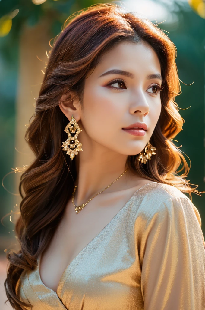 (Generate Woman Image), (Masterpiece artwork: 1.2), (details Intricate: 1.2), portraite, (Sensual expression: 1.2), (Apparent Age: age 28), (ethnic group: caucasiana), (eyecolor: cerulean), (Hair type: wavy red hair), (hair styles: Loose Hair with Soft Waves), (make-up: make-up noturna com destaques labiais), (vestimentas: Elegant Dress with Deep Neckline), (Accessories: long earrings), (scenecy: Elegant neighborhood), (Uplighting: Soft candlelight), (colors: Ruby and Golden Tones), (resolution: 4K), (artwork style: realisitic), (Focus on Posture and Expression), (neutral background), (compositing: Mid-Body Framing with Emphasis on Waist Curve), (atmosphere: sensuous), (No Hair Decoration).
