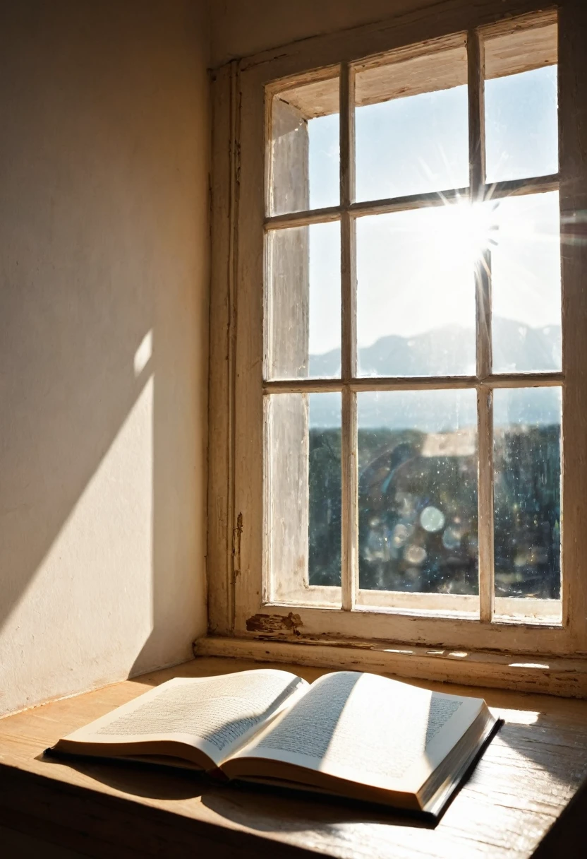 Photography，A window，A light，A desk，A book on the table，There are sun spots on the book