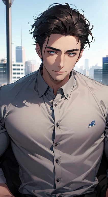 (best quality,4k,8k,highres,masterpiece:1.2),ultra-detailed,(realistic,photorealistic,photo-realistic:1.37),1 man,31 years old,mature man,very handsome,without expression,smile,short grey black hair,blue eyes,penetrating gaze,perfect face without errors,imposing posture,businessman,office background,cinematic lighting,hdr image