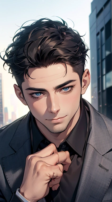 (best quality,4k,8k,highres,masterpiece:1.2),ultra-detailed,(realistic,photorealistic,photo-realistic:1.37),1 man,31 years old,mature man,very handsome,without expression,smile,short grey black hair,blue eyes,penetrating gaze,perfect face without errors,imposing posture,businessman,office background,cinematic lighting,hdr image