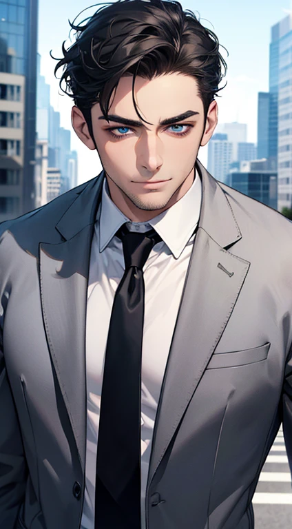 (best quality,4k,8k,highres,masterpiece:1.2),ultra-detailed,(realistic,photorealistic,photo-realistic:1.37),1 man,31 years old,mature man,very handsome,without expression,smile,short grey black hair,blue eyes,penetrating gaze,perfect face without errors,imposing posture,businessman,office background,cinematic lighting,hdr image