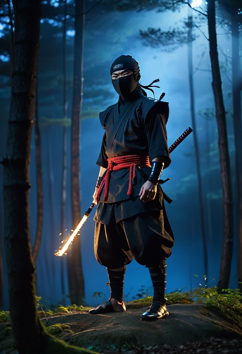 best quality, 8k, very delicate and beautiful, highly detailed face and skin texture, shiny skin, high resolution, japanese ninja stand at forest at night, with torch, full body, sharp focus