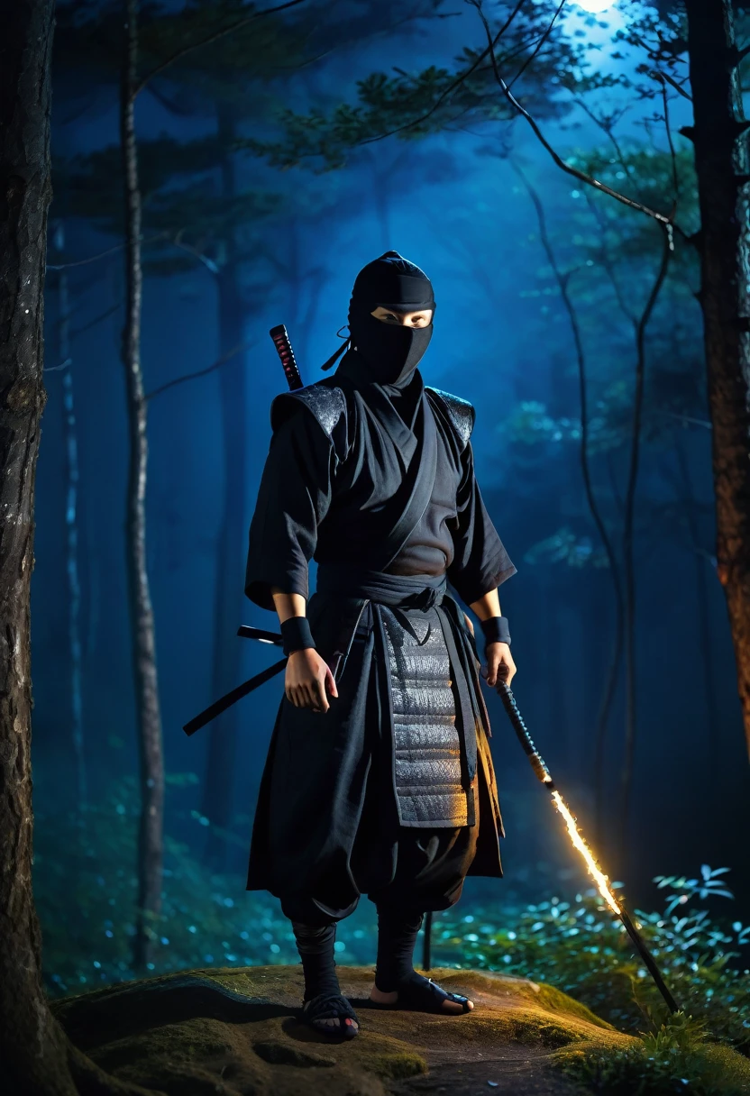 best quality, 8k, very delicate and beautiful, highly detailed face and skin texture, shiny skin, high resolution, japanese ninja stand at forest at night, with torch, full body, sharp focus