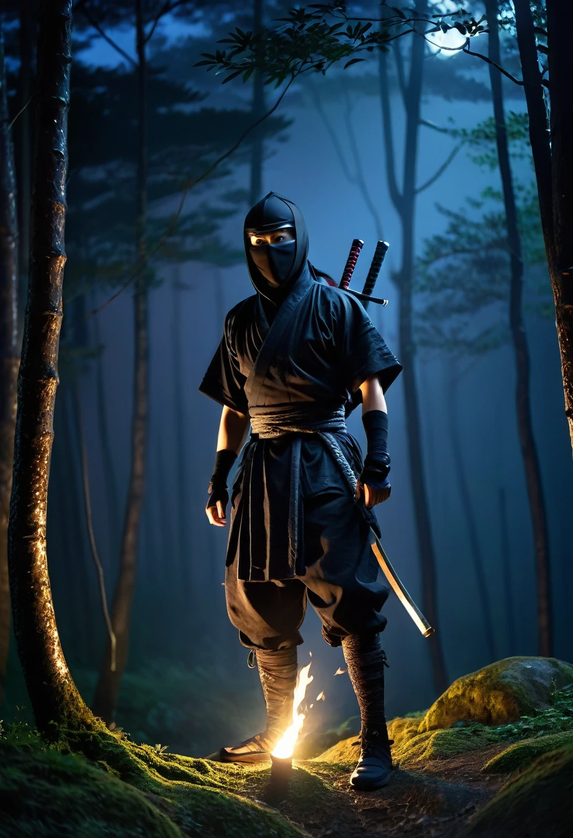 best quality, 8k, very delicate and beautiful, highly detailed face and skin texture, shiny skin, high resolution, japanese ninja stand at forest at night, with torch, full body, sharp focus