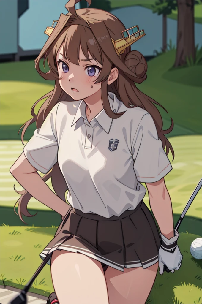 KanColle Kongou, black, Ahoge, Brown Hair, Double Bang, Hair Bun, Hair Bunド, headgear, Long Hair, (Purple eyes:1.1), 
(Golf Wear), (Pleated skirt), Golf Swing, (Panty shot),Nice shot ruined looking at viewer, 
Destroy outdoors,Breaking a golf club (masterpiece:1.2), Highest quality, High resolution, unity 8k wallpaper, (figure:0.8), (Beautiful attention to detail:1.6), Highly detailed face, Perfect lighting, Highly detailed CG, (Perfect hands, Perfect Anatomy),