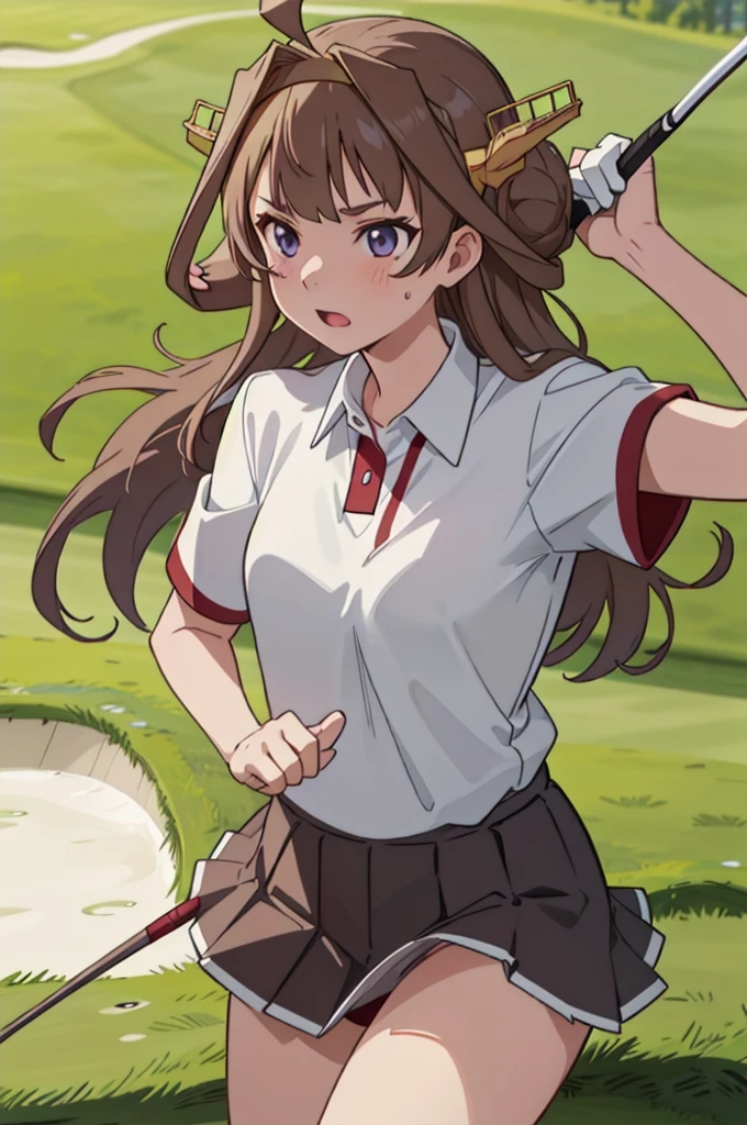 KanColle Kongou, black, Ahoge, Brown Hair, Double Bang, Hair Bun, Hair Bunド, headgear, Long Hair, (Purple eyes:1.1), 
(Golf Wear), (Pleated skirt), Golf Swing, (Panty shot),Nice shot ruined looking at viewer, 
Destroy outdoors,Breaking a golf club (masterpiece:1.2), Highest quality, High resolution, unity 8k wallpaper, (figure:0.8), (Beautiful attention to detail:1.6), Highly detailed face, Perfect lighting, Highly detailed CG, (Perfect hands, Perfect Anatomy),