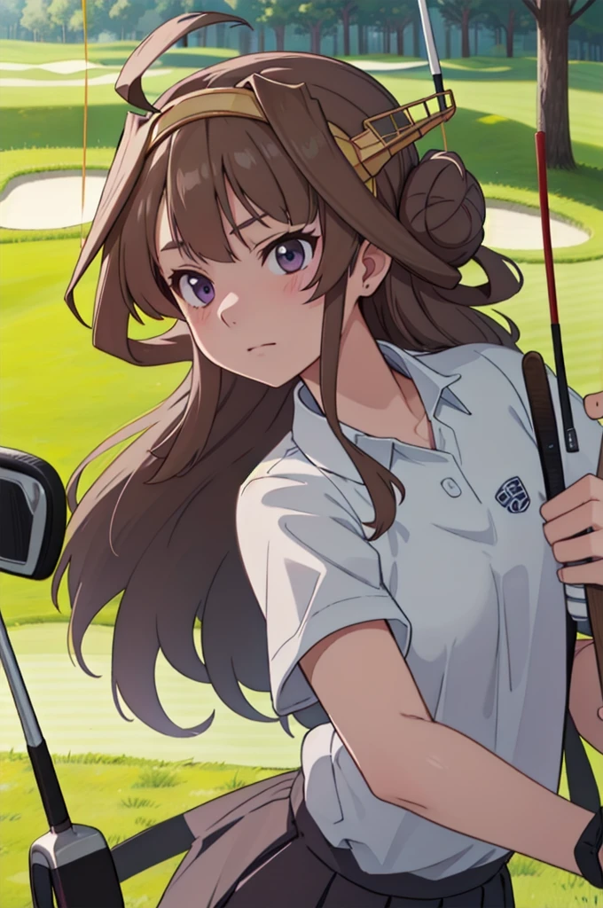 KanColle Kongou, black, Ahoge, Brown Hair, Double Bang, Hair Bun, Hair Bunド, headgear, Long Hair, (Purple eyes:1.1), 
(Golf Wear), (Pleated skirt), Golf Swing, (Panty shot),Nice shot ruined looking at viewer, 
Destroy outdoors,Breaking a golf club (masterpiece:1.2), Highest quality, High resolution, unity 8k wallpaper, (figure:0.8), (Beautiful attention to detail:1.6), Highly detailed face, Perfect lighting, Highly detailed CG, (Perfect hands, Perfect Anatomy),