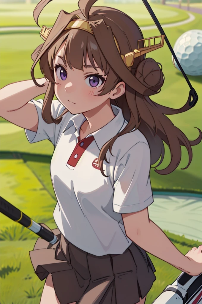 KanColle Kongou, black, Ahoge, Brown Hair, Double Bang, Hair Bun, Hair Bunド, headgear, Long Hair, (Purple eyes:1.1), 
(Golf Wear), (Pleated skirt), Golf Swing, (Panty shot),Nice shot ruined looking at viewer, 
Destroy outdoors,Breaking a golf club (masterpiece:1.2), Highest quality, High resolution, unity 8k wallpaper, (figure:0.8), (Beautiful attention to detail:1.6), Highly detailed face, Perfect lighting, Highly detailed CG, (Perfect hands, Perfect Anatomy),