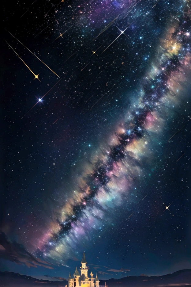 The world we see、Iridescent幻想的なNight Sky、constellation,Castle scenery、 Iridescentconstellation、Iridescent空包み込まれそうな瞬間,When the stars shine in rainbow colors、Astronomical observation、Planetarium、Meteors、colorful,美しいconstellation、Three-dimensional,wonderful景色,Night Sky,An atmosphere full of dreams and hope,masterpiece.16K, Ultra-high resolution, to be born,wonderful ,future、Iridescent、The world 30 years from now。