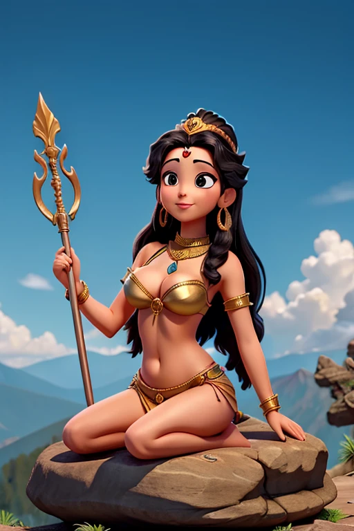 Goddess parvati hot sitting on mount kailash hot sexy bold nasty black hair holding trident