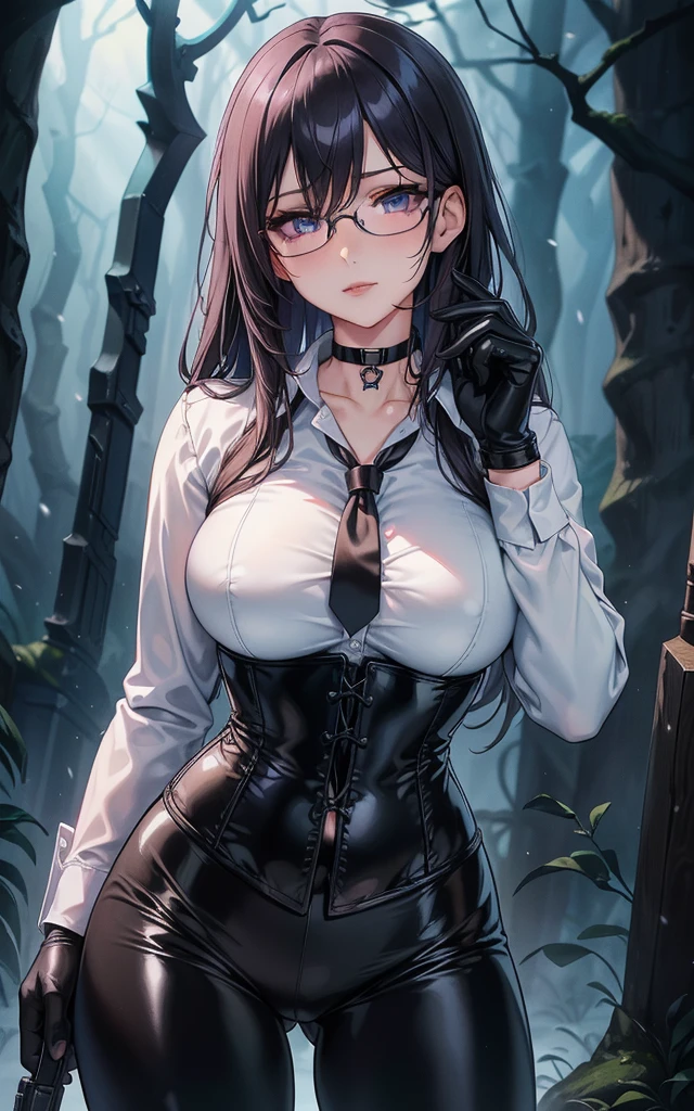 Masterpiece, Beautiful art, professional artist, 8k, art style by sciamano240, Very detailed face, Detailed clothing, detailed fabric, 1 girl, perfectly drawn body, fighting pose, beautiful face, big breasts, long hair, blue eyes, very detailed eyes, pink cheeks, shy expression, glasses, choker:1.6, (long sleeve white collar buttoned shirt), black gloves, gloves covering hands, (holding an AK-47), (black leather corset), (shiny black leggings), sensual lips ,  evening de invierno, show details in the eyes, view from front, looking at the viewer, dark path, dark forest, evening, Atmosphere, fog