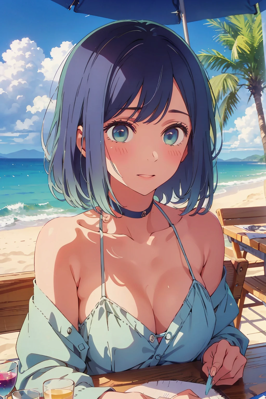 (Highest quality:1.4、masterpiece:1.4、Super detailed:1.4、8K:1.4)、((((1 person、Surprised expression、sit、Outdoor café terrace、coastal、juice、table、Sandy Beach、juiceのグラスを持つ、Big eyes、Very cute face))))、((((Plain Bikini、Shallow depth of field))))、F cup bust、Medium breast
