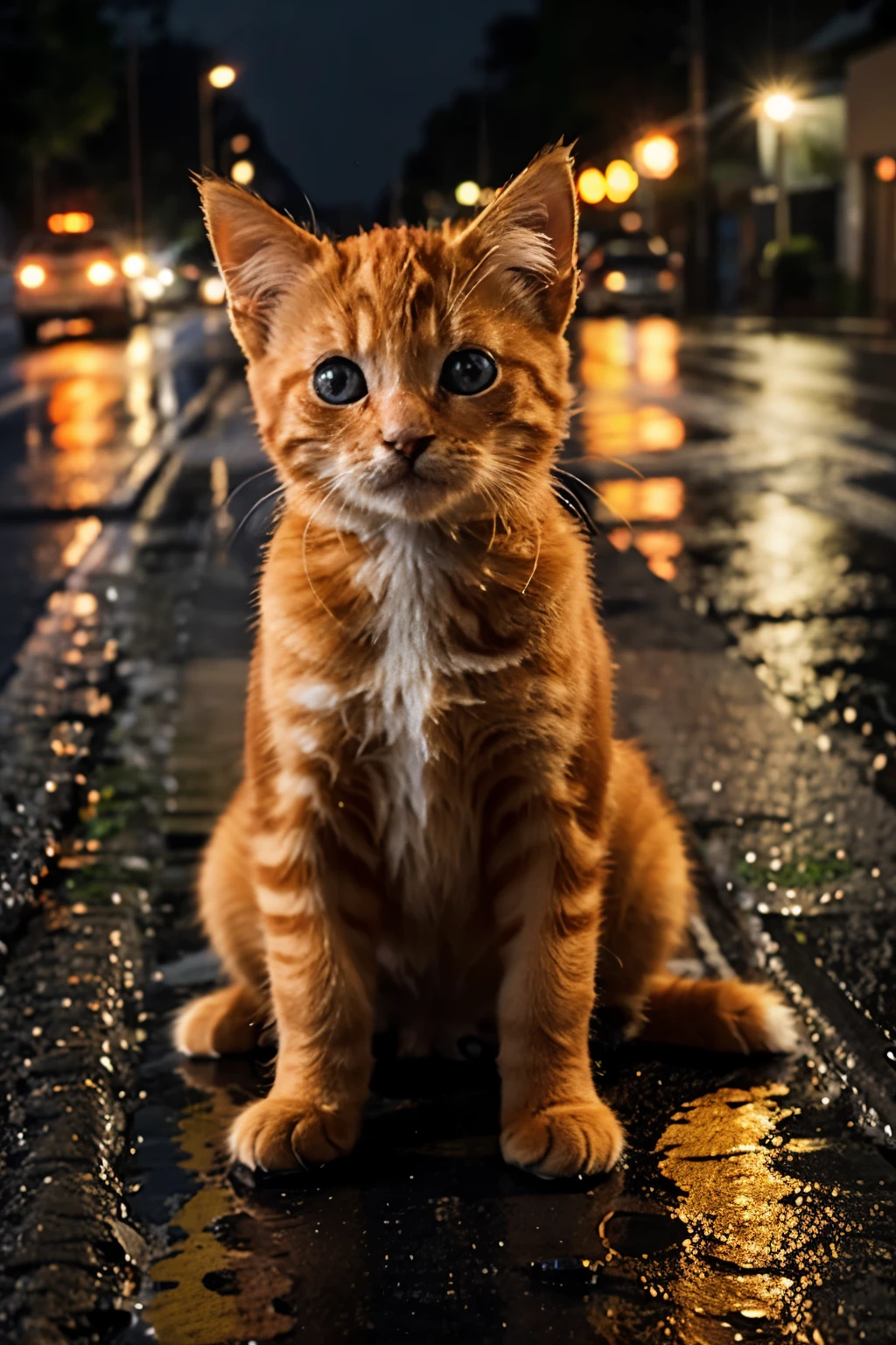 An orange kitten was in the middle of the rainy road and crying.