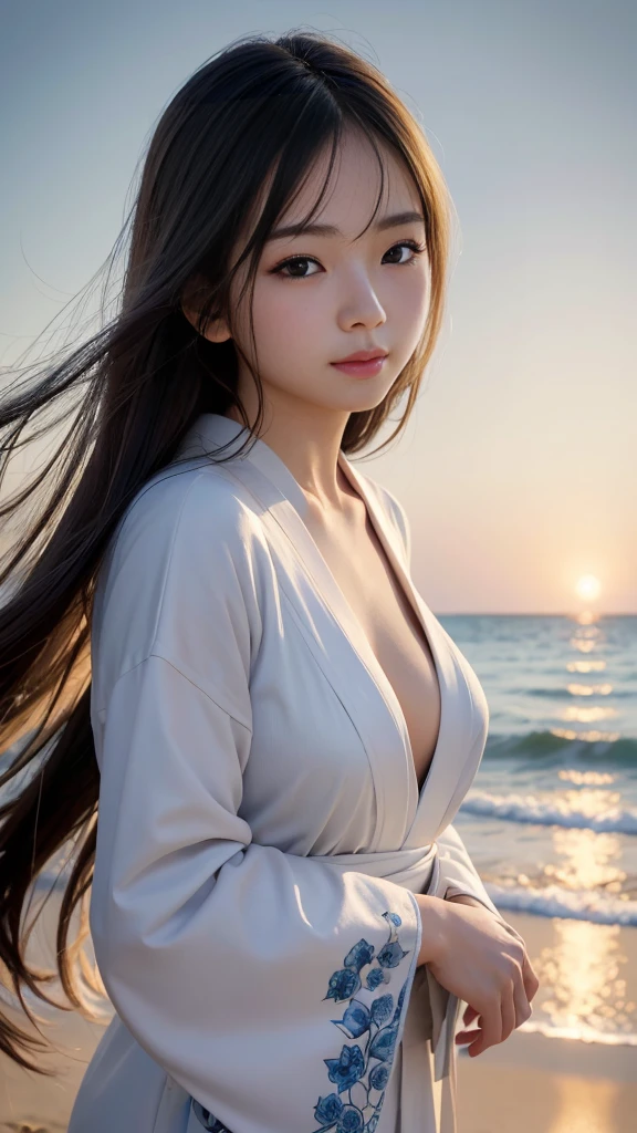 ((Japanese beautiful girl)), Delicate skin, Detailed Description, , Beautiful Eyes, Calm scenery, Beautiful beach with a promenade, Cumulonimbus clouds floating in the blue sky, The sound of waves crashing on the shore, A summer breeze carrying the scent of the season, Bright sunlight emitting a warm glow, (Smiling beautiful girl), (Hair blowing in the wind, Beautiful flowing hair), (Highest quality, 4K, 8K, High resolution, masterpiece: 1.2), Very detailed, (Realistic, Realistic, Realistic: 1.37), Detailed facial features, Beautiful attention to detail, Beautiful lip detail, Very detailed目と顔, Beautiful breasts, (double eyelid, Long eyelashes), Calm, quiet, peaceful, Idyllic, Warm colors, Golden Hour Lighting, Cinematic, dream-like, Nostalgia, landscape, Natural light, Very detailed美しい手, White thin kimono, Gaze at the viewer, blush